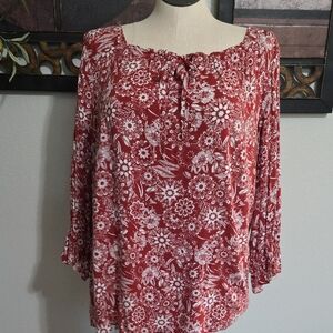 CJ Banks Red and White 3/4 Sleeve Tie Front Blouse
